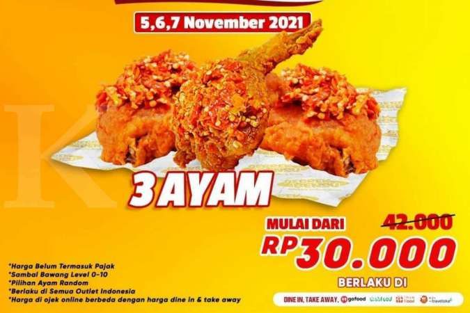 Khusus Weekend! Promo Geprek Bensu 5-7 November 2021, 3 Ayam Cuma Rp 30.000