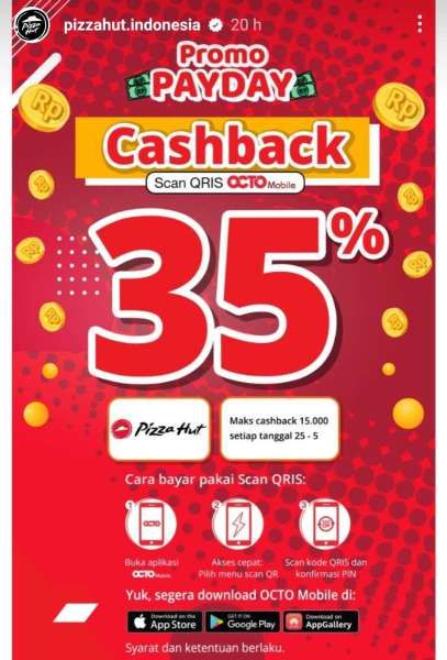 Promo Pizza Hut Payday Cashback 35% dengan Octo Mobile