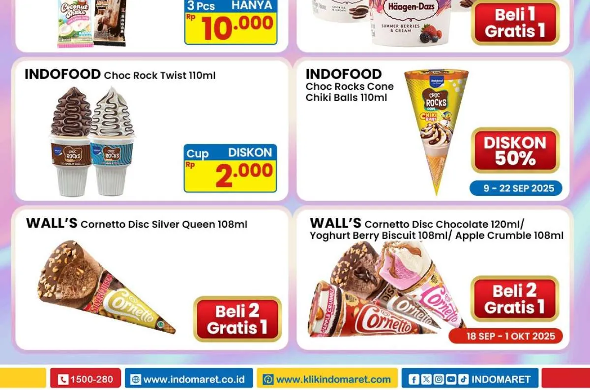 Promo Es Krim di Indomaret 4-17 September 2025, Cornetto Beli 2 Gratis 1