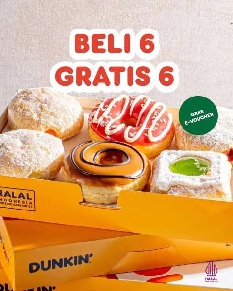 Promo Dunkin Beli 6 Gratis 5 Grab E-Voucher