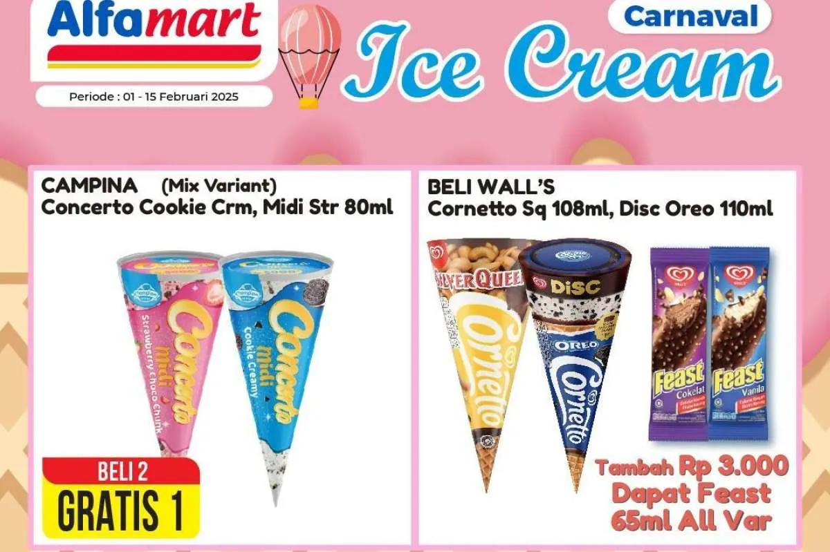Promo Es Krim Alfamart-Indomaret Pertengahan Februari 2025, Cornetto Beli 2 Gratis 1