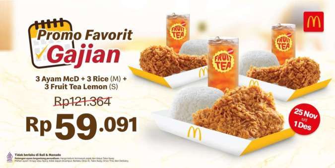 Hot Promo McD sampai 1 Des 2024, Paket Gajian Isi 3 Ayam, 3 Nasi, 3 Cola Rp 59.091