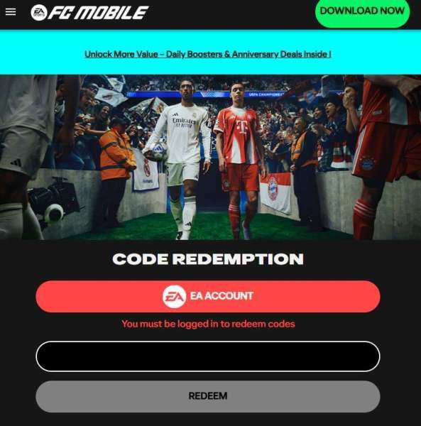Tampilan website penukaran kode redeem FC Mobile yang resmi