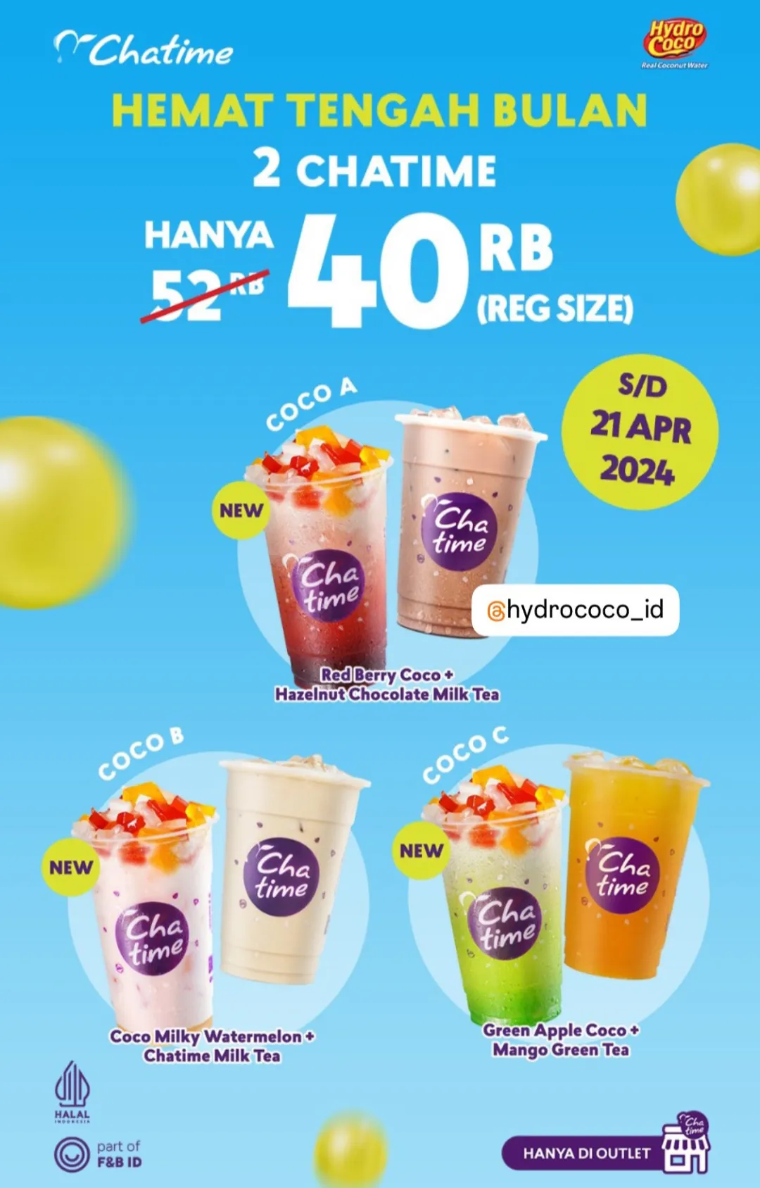 Promo chatime x hydrococo hemat tengah bulan