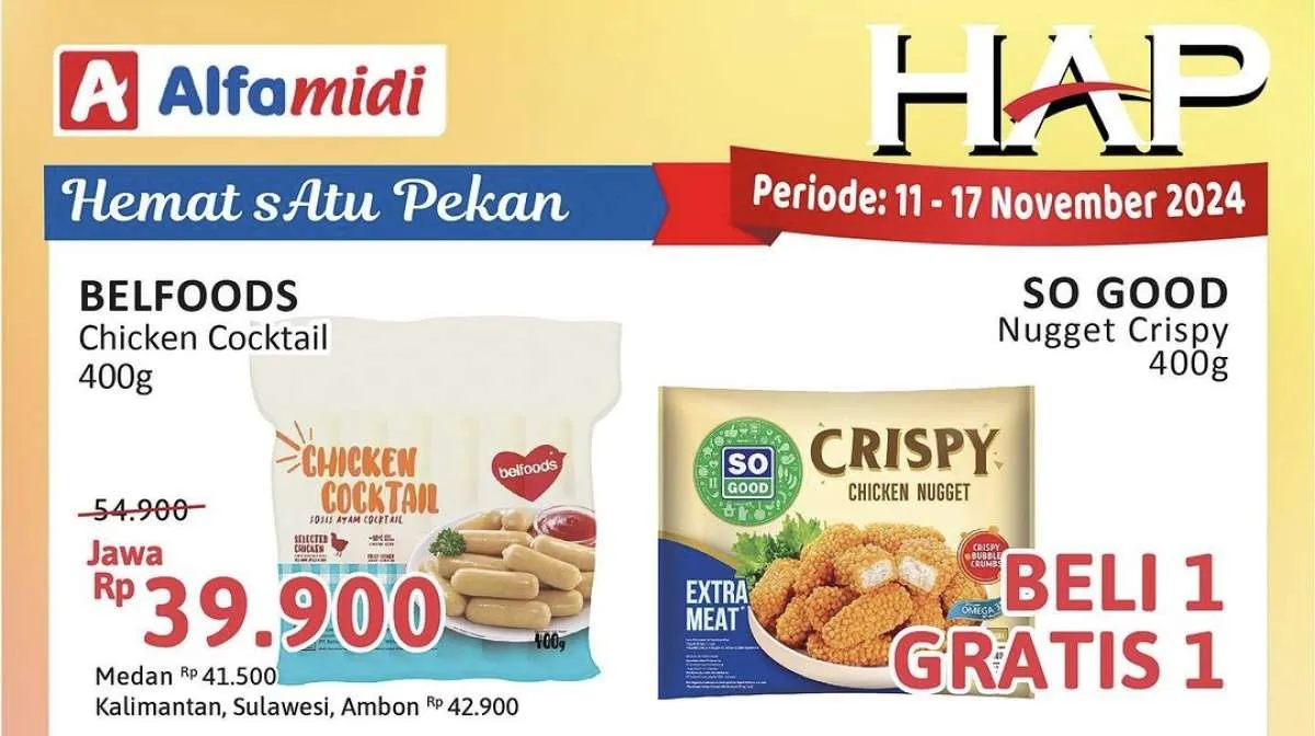 Katalog Promo Alfamidi Hemat Satu Pekan 11-17 November 2024, Nugget Beli 1 Gratis 1