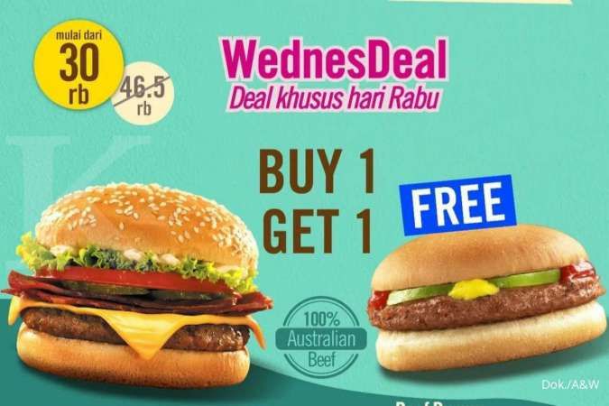 Promo A&W Oktober 2021, WednesDeal Buy 1 Get 1 Free Burger Rp 30.000