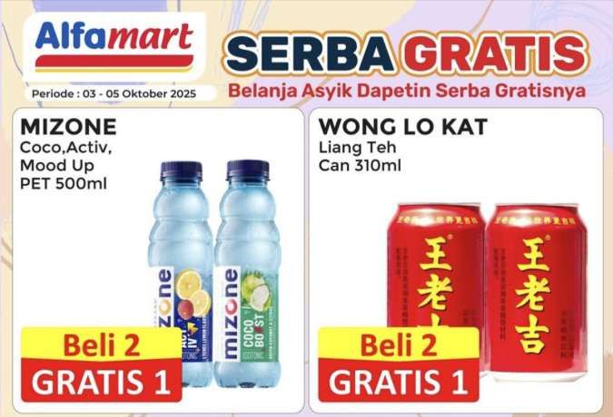 Promo Alfamart Serba Gratis 3-5 Oktober 2025, Beli 2 Gratis 1 Mizone-Liang Teh