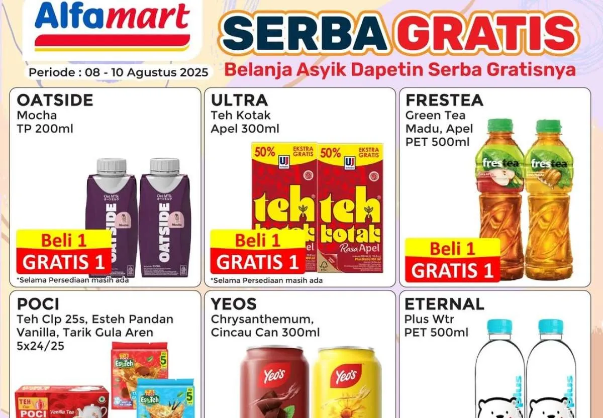 Promo Alfamart Serba Gratis 8-10 Agustus 2025, Beli 1 Gratis 1 Susu Oatside-Teh Kotak