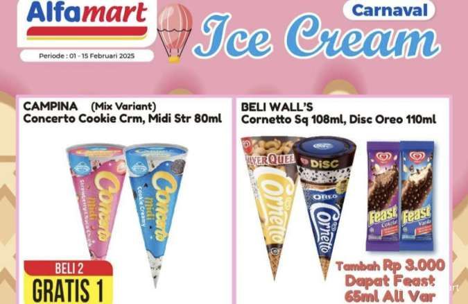 Promo Alfamart Carnaval Ice Cream 1-15 Februari 2025, Beli 2 Gratis 1 Concerto Midi