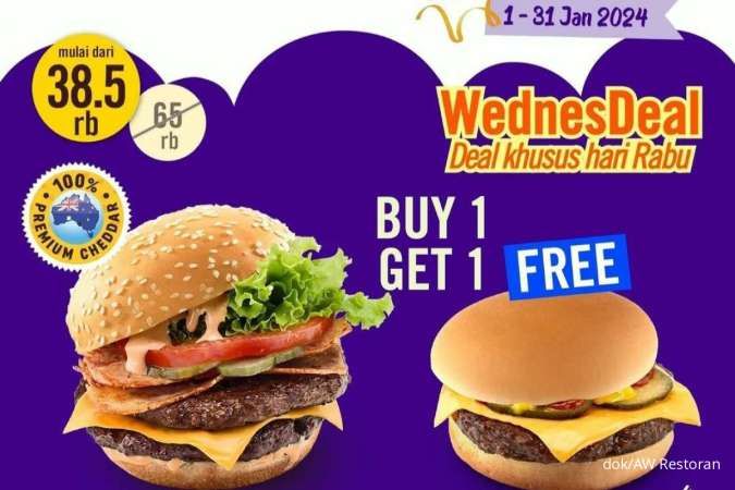 Promo AW Restoran WednesDeal Buy 1 Get 1 Burger, Setiap Rabu di Bulan Januari 2024