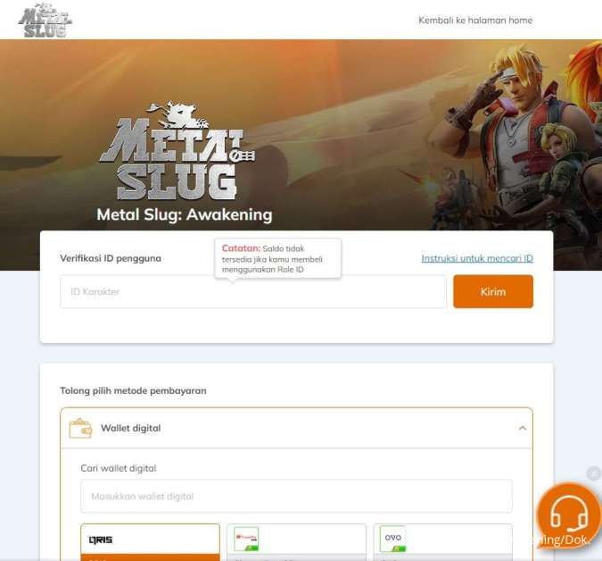 Tampilan website top up Metal Slug: Awakening