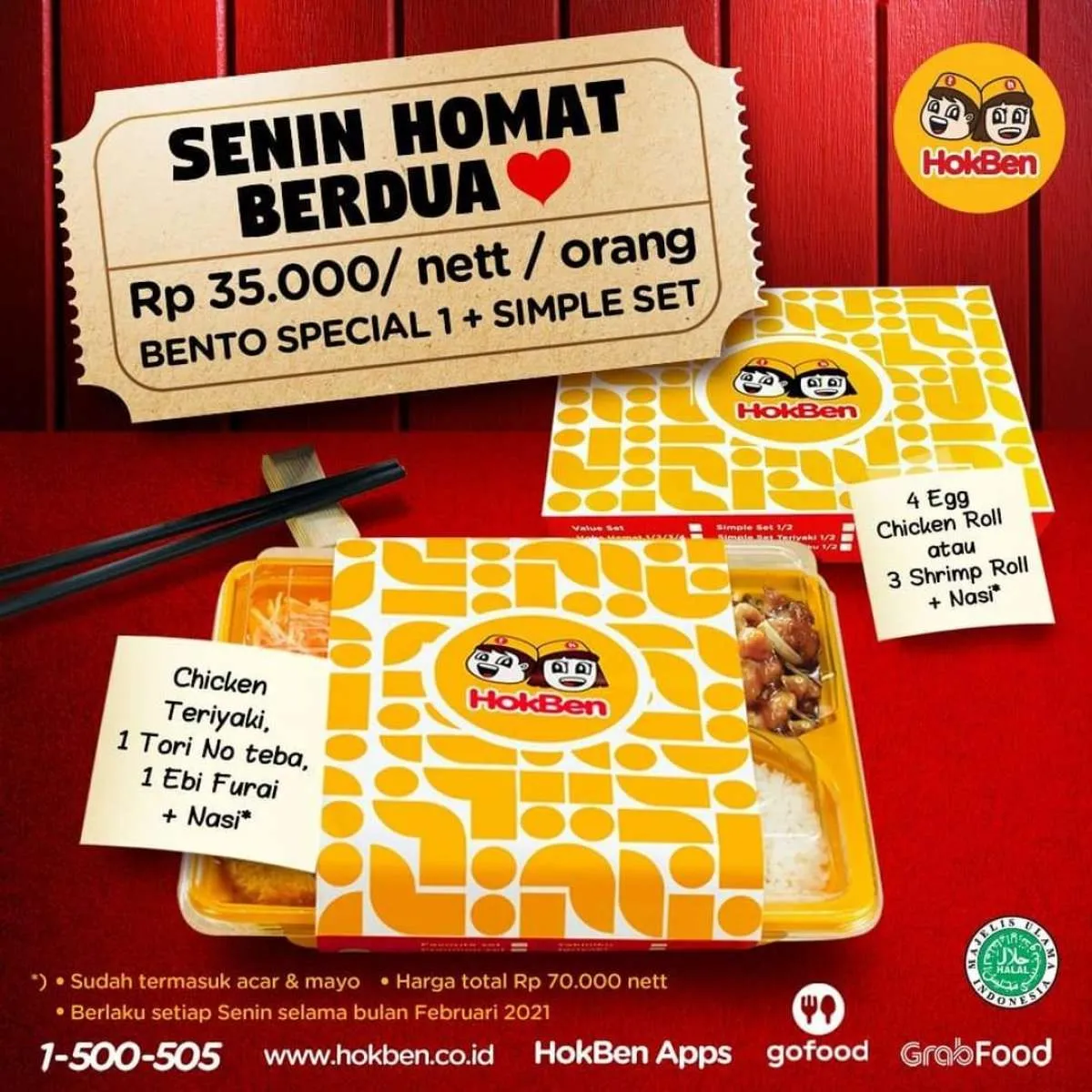 Promo HokBen 15 Februari 2021, Hemat Berdua hanya Rp 70.000!