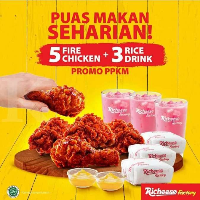 Promo PPKM Richeese Factory 5 Ayam + 3 Nasi + 3 Minuman Rp 113.636