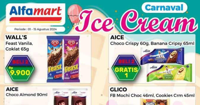 Promo Alfamart Carnaval Ice Cream 1-15 Agustus 2024, Aice Crispy Beli 2 Gratis 1