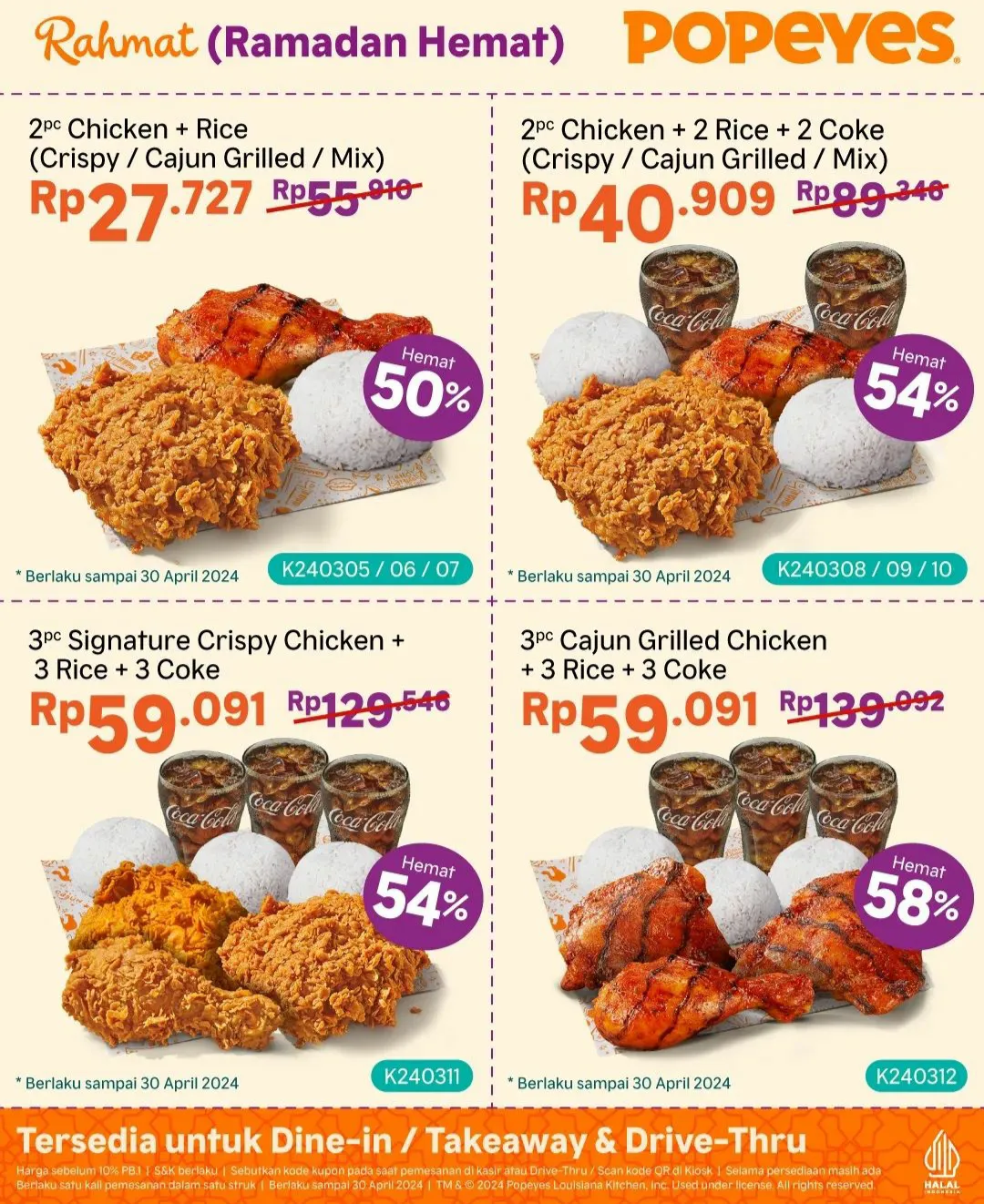Promo Popeyes Indonesia kupon voucher Ramadan Hemat diskon 58% mulai Rp 15.455