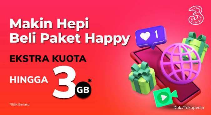 Promo Tri di Tokopedia, Beli Paket Data Happy Bonus Kuota 3 GB