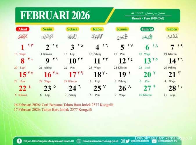 Kalender Februari 2026: Cek Tanggal Merah Tahun Baru Imlek dan Awal Puasa Ramadhan