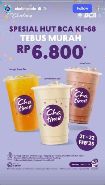 Promo HUT BCA 68 di Chatime 21-22 Februari 2025 