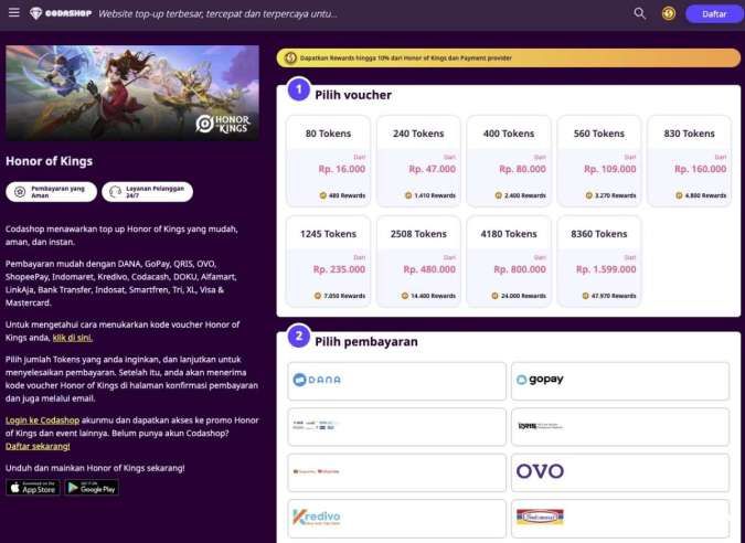 Top up Honor of Kings di Codashop