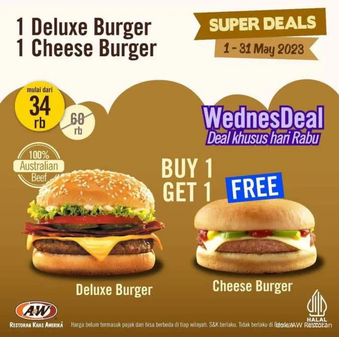Promo AW Restoran Paket WednesDeal Beli 1 Gratis 1 Burger