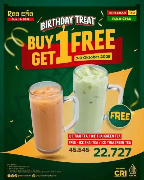 Promo Raa Cha Birthday Treat 7-9 Oktober 2025 Buy 1 Get 1 Free