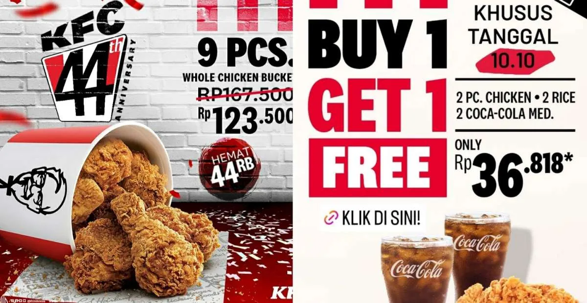 Promo 10.10 KFC Spesial 44th Anniversary, Buy 1 Get 1 Free dan Hemat Rp 44.000