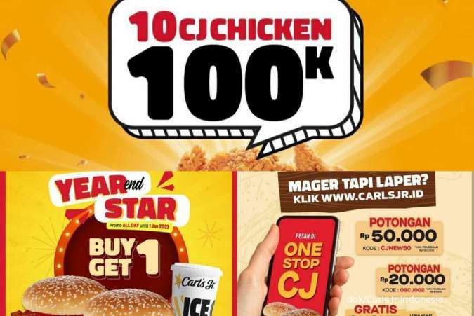 Promo Carls Jr Akhir Tahun sampai 2023, Paket 10 Ayam Rp 100.000 dan Beli 1 Gratis 1