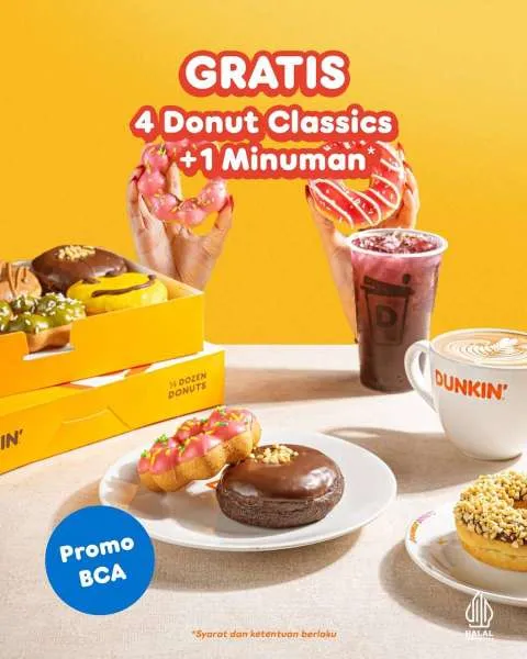 Promo Dunkin Kamis Gratis 4 Donuts + 1 Minum dengan BCA