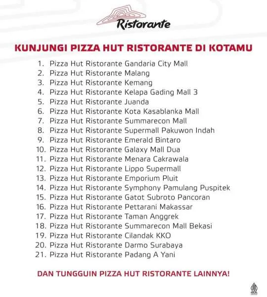 List outlet Pizza Hut Ristorante