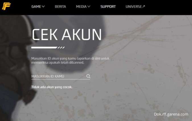 Tampilan cek akun Free Fire di website resmi