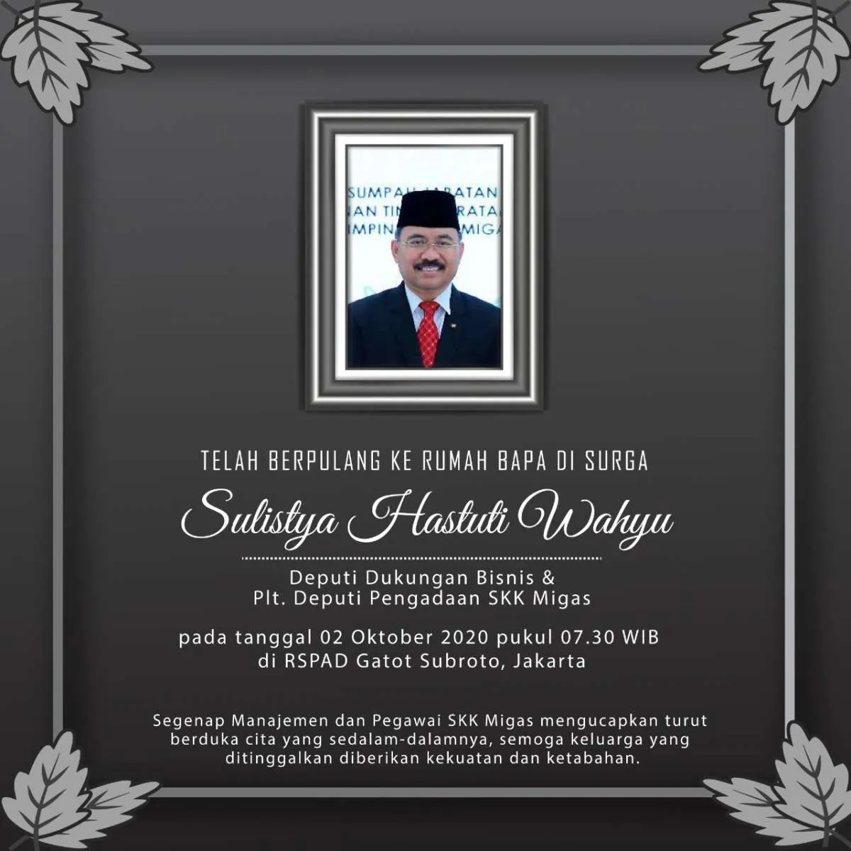 Kabar duka, Deputi SKK Migas Sulistya Hastuti Wahyu wafat