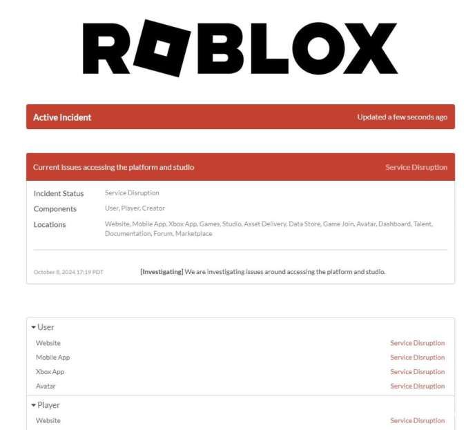 Roblox down pada hari Rabu, 9 Oktober 2024