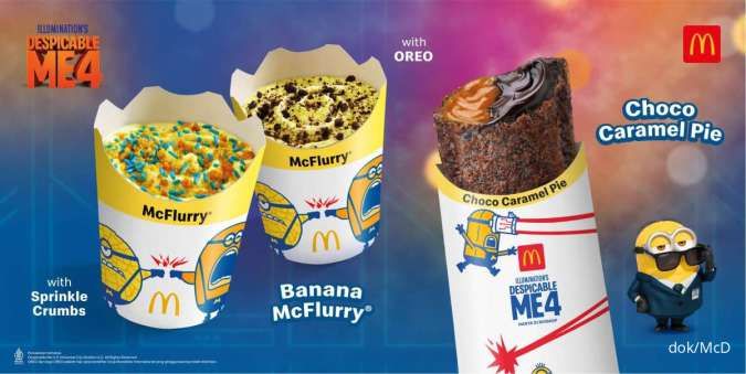 Promo McD x Despicable Me 4 Terbaru 2024, Banana McFlurry-Choco Pie Kemasan Minion