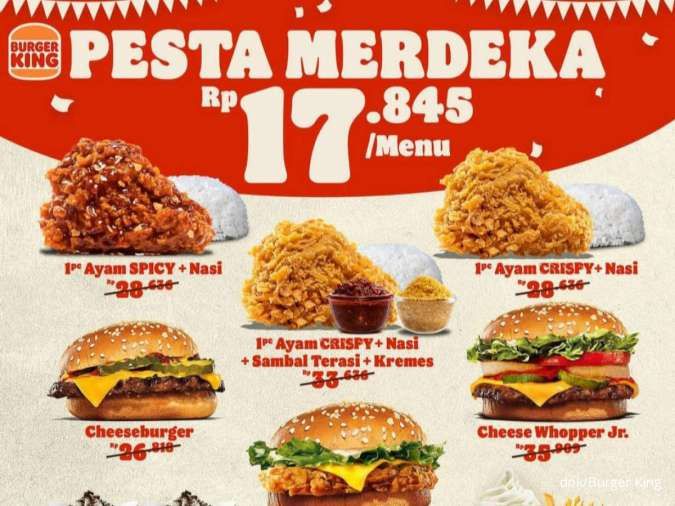 Promo Burger King 1-18 Agustus 2024 Paket Pesta Merdeka Rp 17.845 per Menu