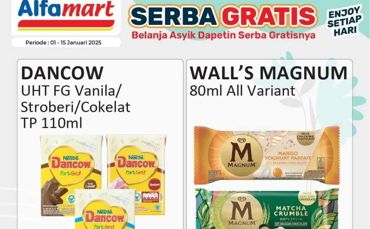 Promo Alfamart Serba Gratis Januari 2025, Dancow & Es Krim Magnum Beli 2 Gratis 1