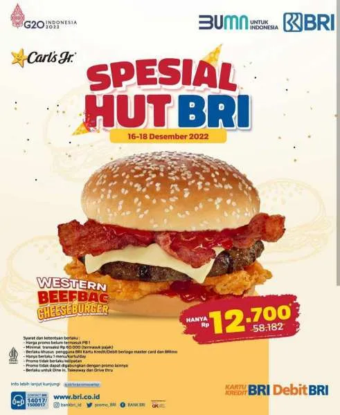 Promo Carls Jr Spesial HUT BRI 16-18 Desember 2022, Beli Burger Cuma Rp 12.700