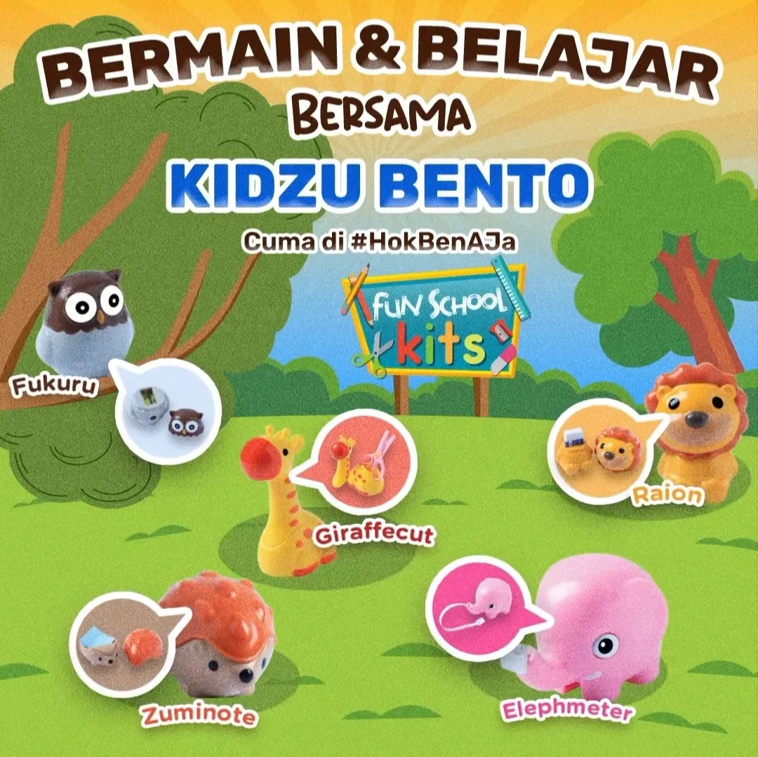 Promo Hokben Kidzu Bento berhadiah mainan hewan Fun School Kits