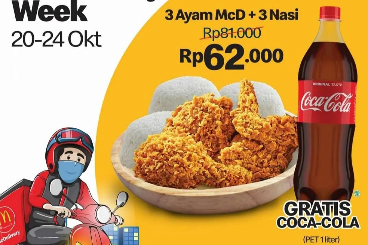 Promo McD 20-24 Oktober 2021, 3 Ayam + 3 Nasi Gratis Coca Cola 1 Liter Rp 62.000