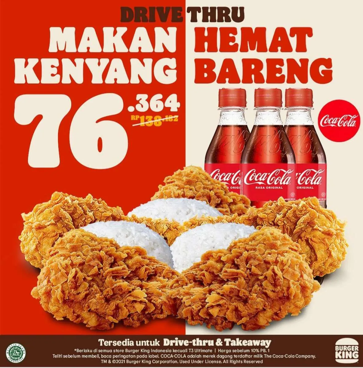 Promo Burger King Agustus 2021, Beli 5 Ayam, 3 Nasi, dan 3 Coca Cola Hanya Rp 76.364