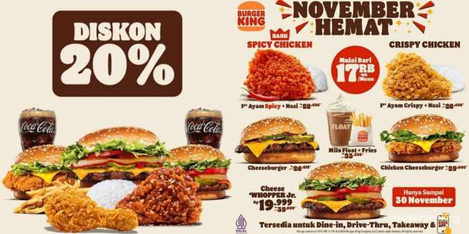 2 Promo Burger King November 2024, Menu Serba Rp 17.000 & Diskon 20% via BCA