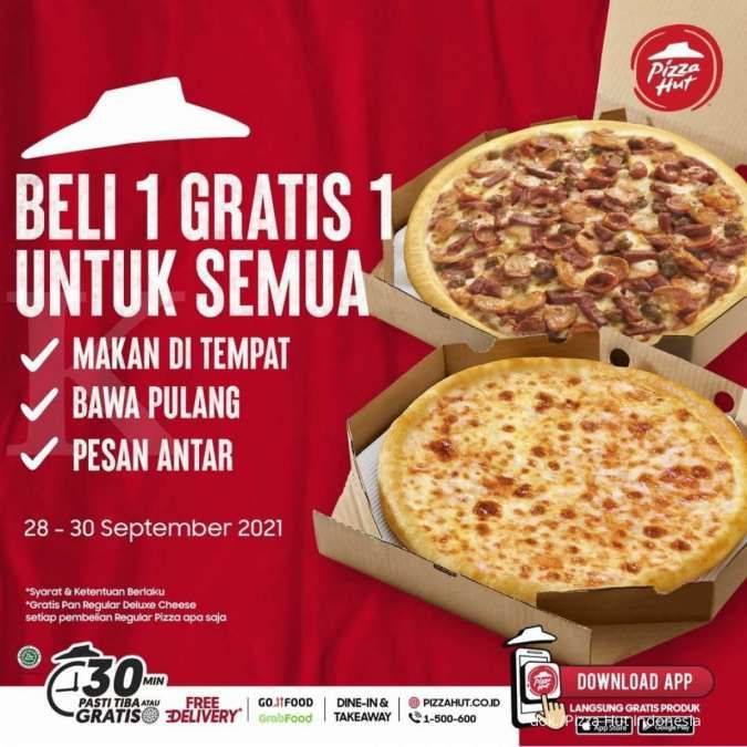 Promo Pizza Hut 28-30 September 2021, Menu Pizza Regular Beli 1 Gratis 1  untuk Semua