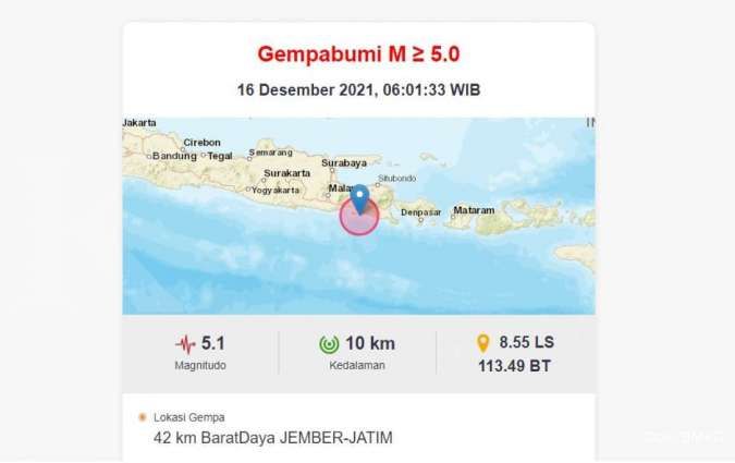 BMKG catat gempa terkini magnitudo 5,1 di Jember Jatim, 06.01 WIB (16 Desember 2021)