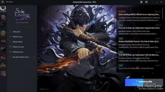 Tampilan Netmarble launcher saat download Solo Leveling game PC atau Solo Leveling: Arise