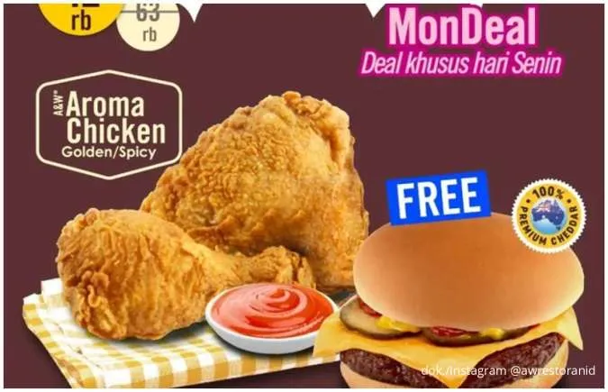 Promo A&W MonDeal Tiap Senin, 2 Aroma Chicken Gratis Cheeseburger Mulai Rp 42.000-an
