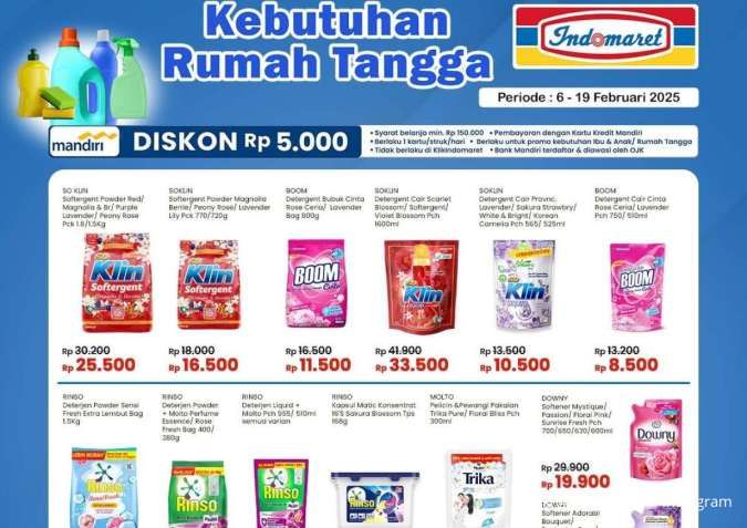 Promo Deterjen dan Sabun Mandi di Indomaret-Alfamart, Diskon Rp 5.000 dengan Mandiri