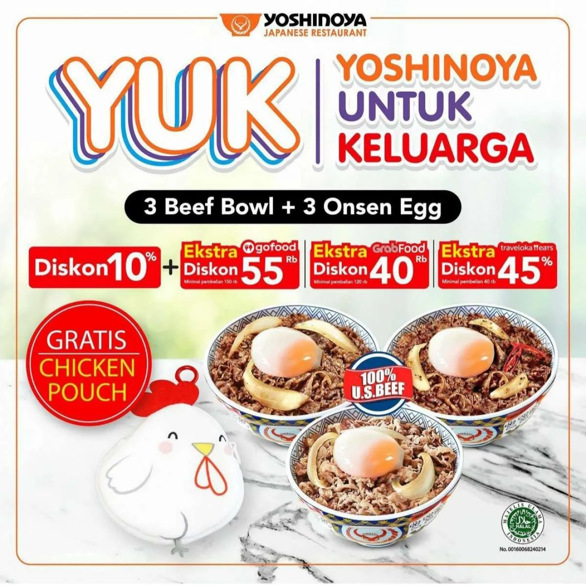 Promo Yoshinoya, 3 Beef Bowl + 3 Onsen Egg Ekstra Diskon & Gratis via Ojek Online
