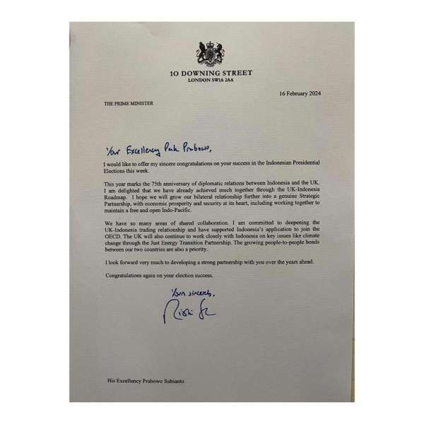 Surat PM Inggris Rishi Sunak untuk Prabowo Subianto