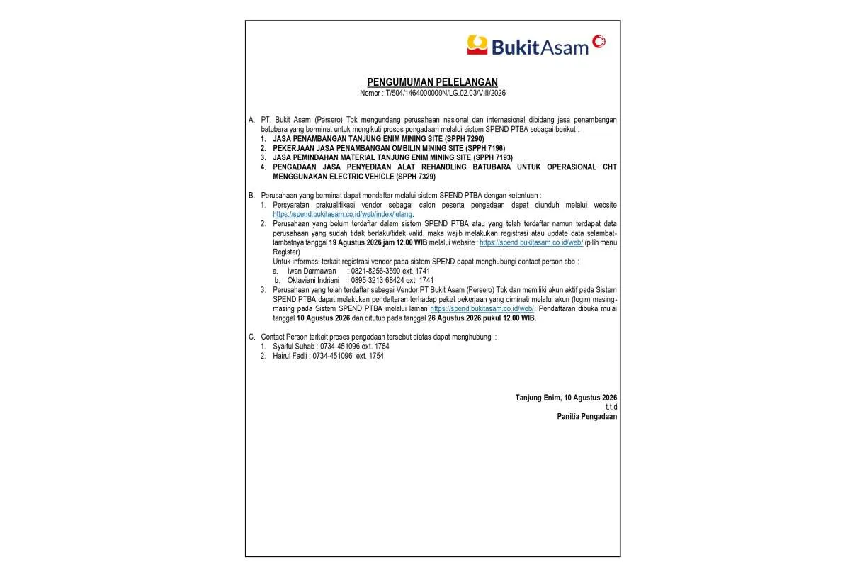 Pengumuman Pelelangan Jasa Penambangan di PT Bukit Asam (Persero) Tbk
