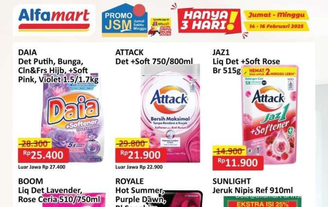 Promo Deterjen & Sabun Mandi Wekeend 16 Februari 2025, Potongan Harga Daia dan Attack