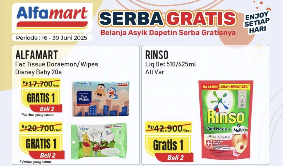 Promo Alfamart Serba Gratis 16-30 Juni 2025, Rinso Cair-Rapika Beli 2 Gratis 1